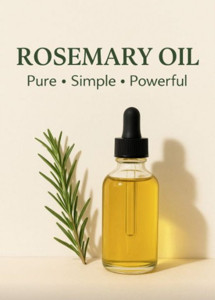 Rosemary oil glass essential oil bottle with a rosemary piece next to it to showcase how simple, pure, and powerful it is for your health and wellness journey. 