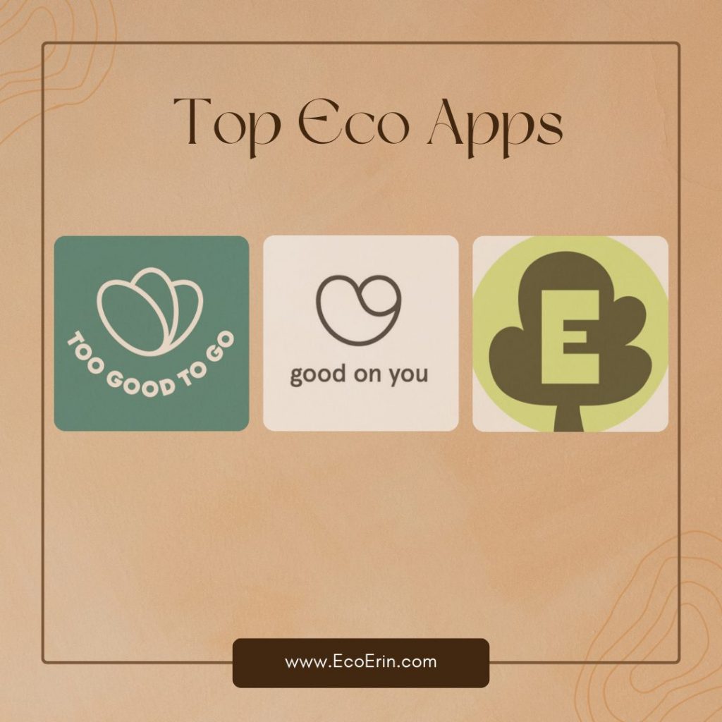 Graphic titled Top Eco-Friendly Apps featuring icons for Too Good To Go, Good On You, and Ecosia on a tan textured background.