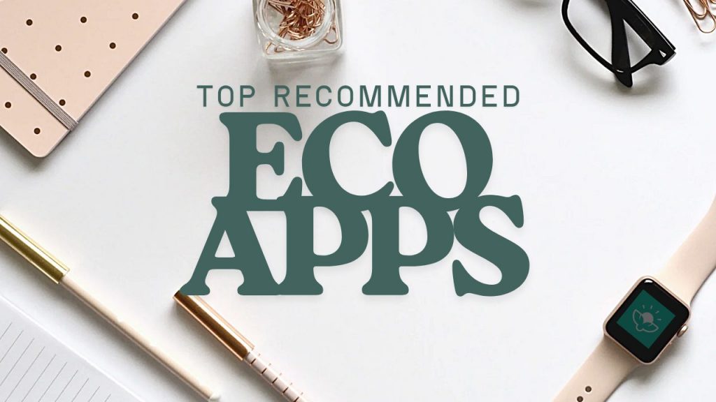6 Best Eco-Friendly Apps Over-the-shoulder view of a person in a red shirt using a smartphone at a white wooden desk with a coffee cup and notebooks